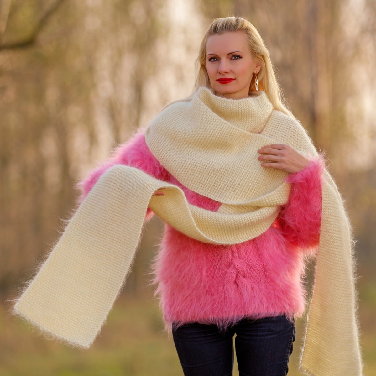 Extra long fuzzy handmade ivory mohair scarf hand knitted shawl by