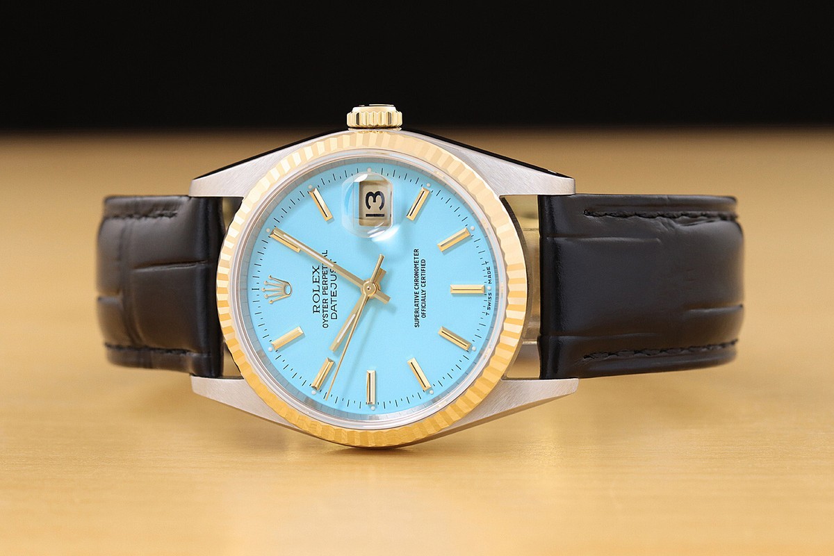 ROLEX MENS DATEJUST 16233 AQUA BLUE 18K GOLD STEEL WATCH w/ BLACK