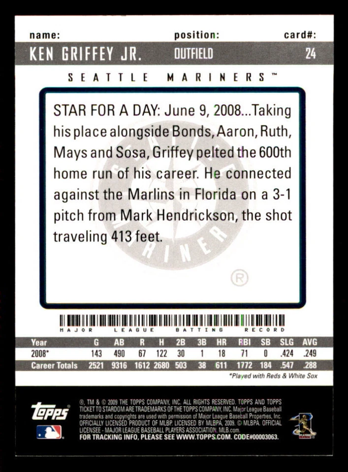 2009 Topps Ticket to Stardom #24 Ken Griffey Jr. (ref 235171) - Image 2 of 2