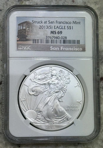 2013 (S) American Silver Eagle NGC MS69 Trolley Label Brown Label .999 Silver