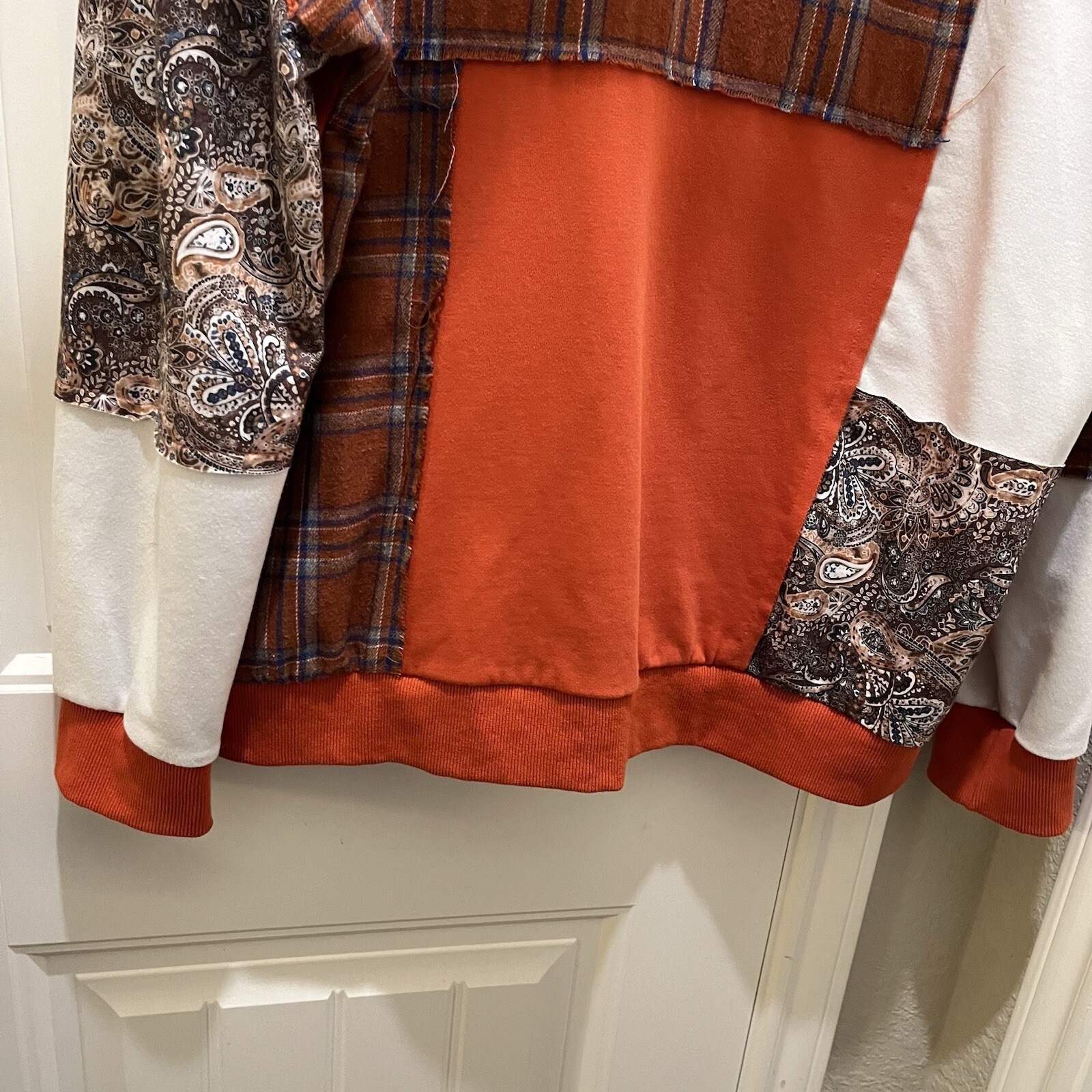 Womens Patchwork Mixed Print Orange Fall Pullover… - image 4