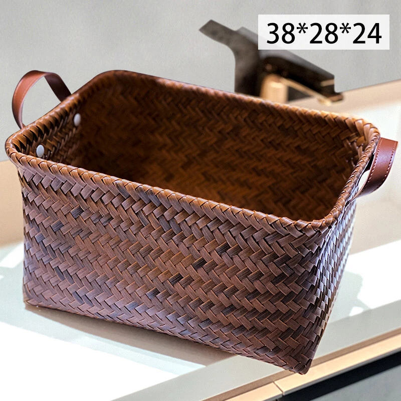 1X PU Handle Storage Basket Imitation Rattan Woven Laundry Washing Basket Home - Image 2 of 4