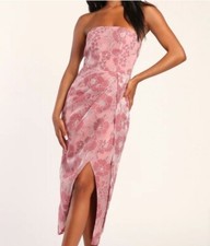 Lulu's Dreamy Vision Mauve Floral Burnout Jacquard Strapless Midi Dress, M, NWT