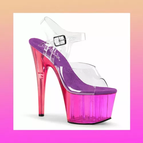 PLEASER PINK PURPLE TINT PLATFORM OMBRE HEELS CLEAR STRAPS ADORE 708- UK SIZE 2