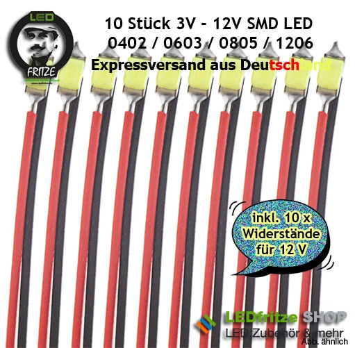 10 x SMD LED 0402 0603 0805 1206 Modellbau Eisenbahn 2V 3V 12V inkl. Widerstand - Bild 2 von 4