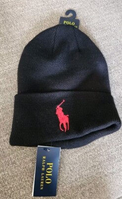 NWT Polo Ralph Lauren SOLID BLACK COTTON Knit Men's Beanie Hat RED