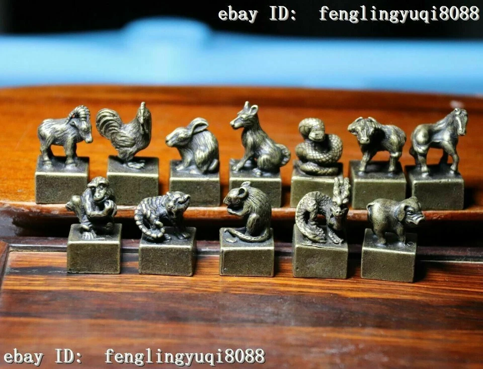 Bronze Chinese Zodiac Animal Rat Mice Ox Tiger Goat Seal Stamp Signet Set M012 - Image 3 of 4