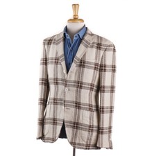 NWT 1395 BOGLIOLI Brown and Cream Check Linen-Silk Sport Coat 38 R Eu 48