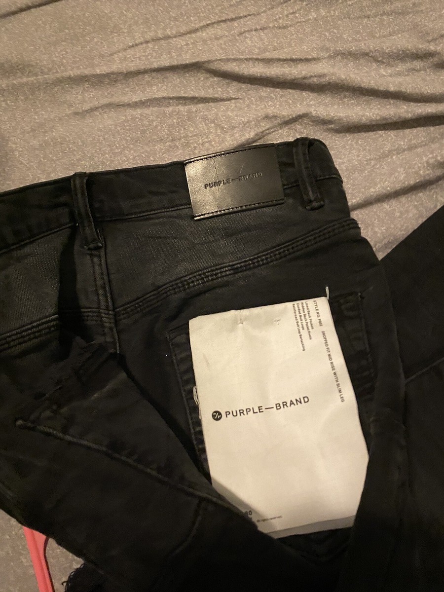 Purple Brand P002 black rinse knee slits rips stretch denim jeans