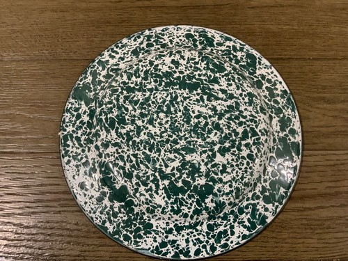 Six Enamelware Splatterware Dinner Plates 10 Inch Green and White - Picture 3 of 3