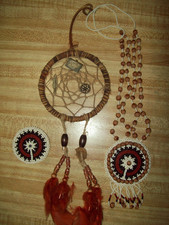 NATIVE AMERICAN BEADED Medallion NECKLACE and PIN on Hide and a dream catcher