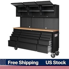 15 Drawers 72in Rolling Tool Chest Steel Rubber Wood Workbench Key Locking Syste