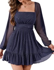 Sparkly Mesh Long Sleeves Short Party Dresses 2026 Square Neck Mini Prom Dresses