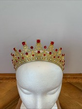 Classic Semi-Circular Gold Ornate Tiara Headband with Red and Clear Crystals
