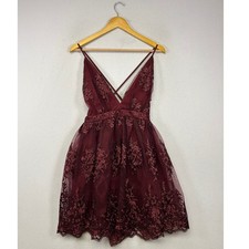 Romantic Lulus Womens Size S Burgundy Floral Embroidered  Mini Cocktail Dress