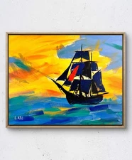 Laeknapes Original Abstract Painting 14X11 Canvas Art Expressionist Sunset Ship