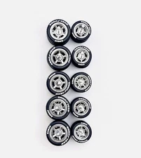 5x Chrome Cragar 11/13mm Wheels w/ Lettered Rubber Tires for 1/64 H0T Wheelz