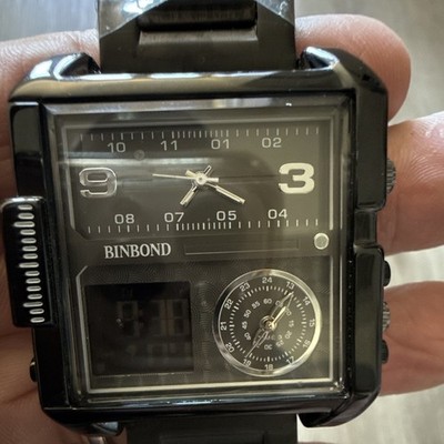 BINBOND Men's Square Analog-Digital Quartz Wristwatch Black Dial SS 30m