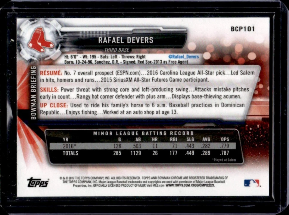 2017 Bowman Rafael Devers Chrome Prospects Refractor Blue Shimmer #BCP101 - Image 2 of 2
