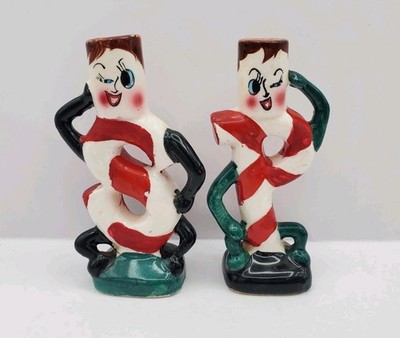 Vintage Japan Christmas Salt Pepper Shakers Candy Cane Anthropomorphic Winking 