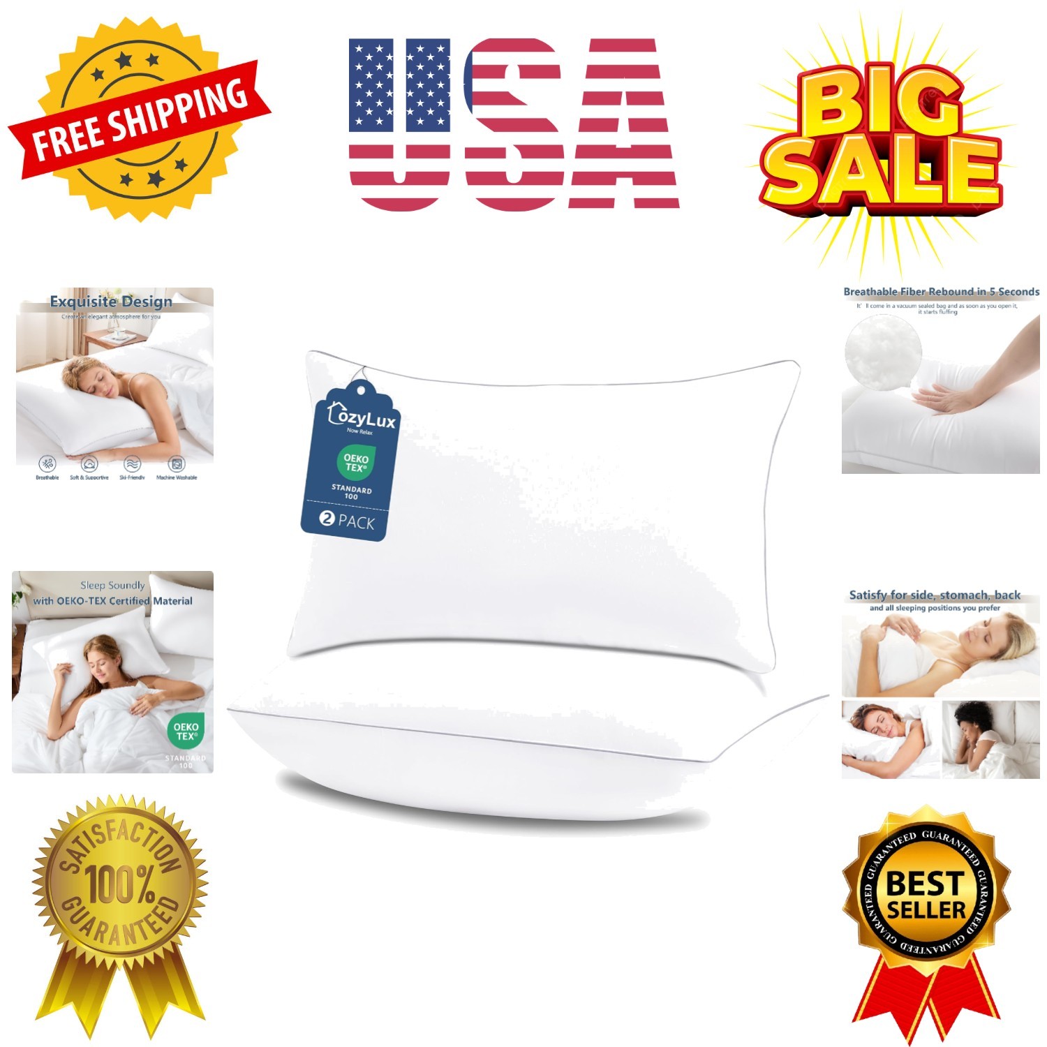 Queen Size Set Of 2, Hotel Quality Bed Pillows For Sleeping 