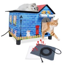 Large Heated Cat House for Outside, Elevated 19.7 X 13.4 X 18.1 in Blue-Red