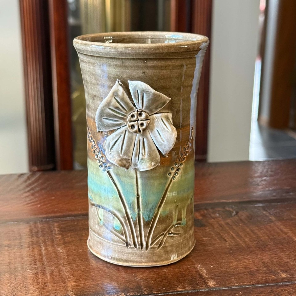 Studio Art Pottery Vase Signed JM Applied Flower 3D Turquoise Brown Stoneware 6"