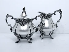 VINTAGE WALLACE  MIDCENTURY ROCOCO LEGGED RIBBED HEAVY SUGAR BOWL & CREAMER SET
