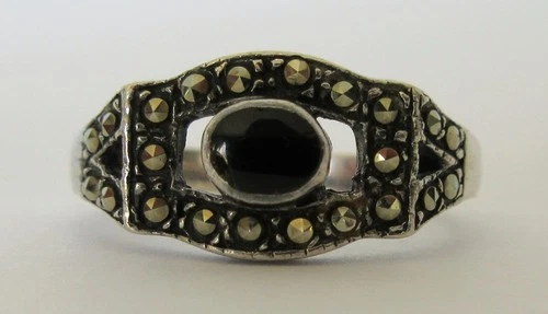 Vintage Sterling Silver Onyx/Marcasite Ring 925 Size 6 1/2