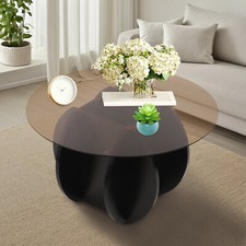 31" Round Glass Tabletop Coffee Table Unique Circle Center Table With Wood Base