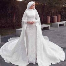 Muslim Mermaid Wedding Dresses Detachable Train Lace Applique White Bridal Gowns