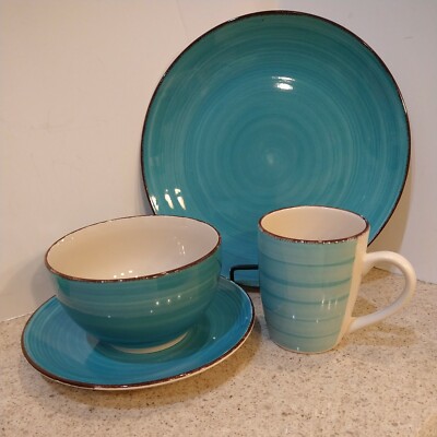 Royal Norfolk 4pc Stoneware Dinnerware Set Turquoise Swirl (12 Available) NEW