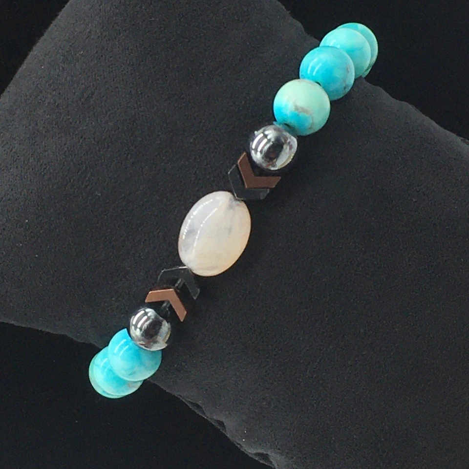 Rustic Cuff Hematite Agate Bracelet Stretch Southwest Black Logo Charm - Image 4 of 4