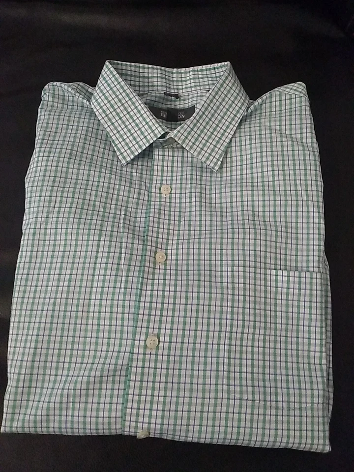Рубашка Kenneth Cole Reaction клетчатая зеленая белая на пуговицах 17,5 дюйма 34–35 длинные рукава - Изображение 2 из 4