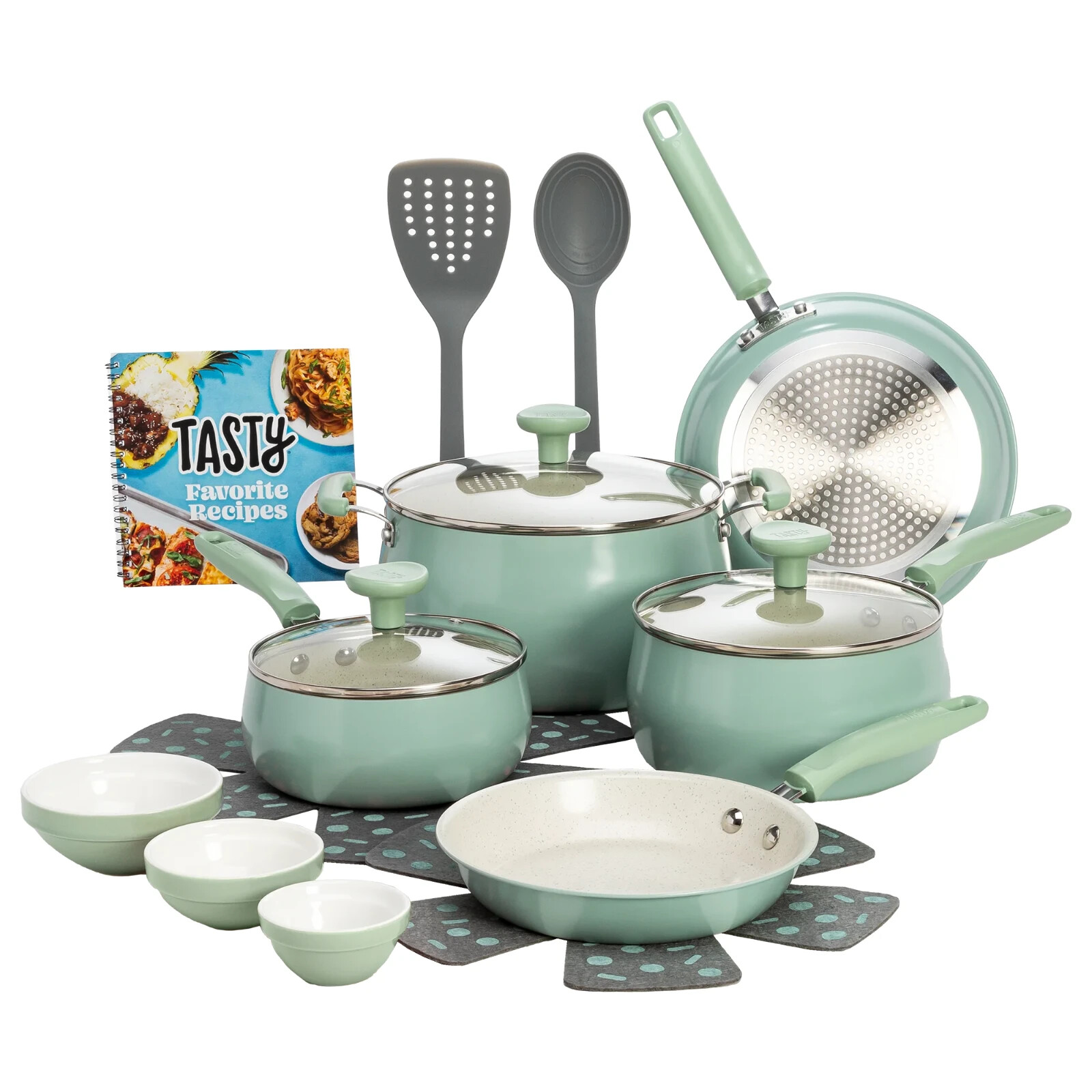 Sage Green 16-Piece Non-Stick Ceramic Cookware Set with Aluminum Base