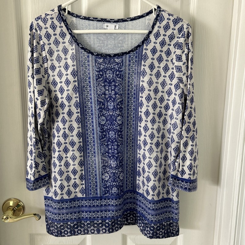 WOMEN'S BLUE & WHITE 3/4 SLEEVE TUNIC STYLE TOP BY: WESTPORT -- SIZE : MEDIUM