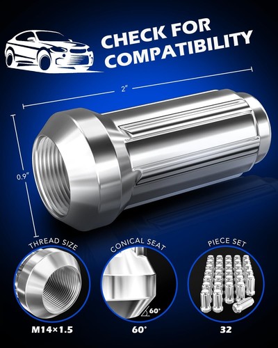 OMT M14x1.5 Wheel Lug Nuts 32 Pack, Chrome Lug Nuts 2 inches Tall Spline Drive - Picture 2 of 8