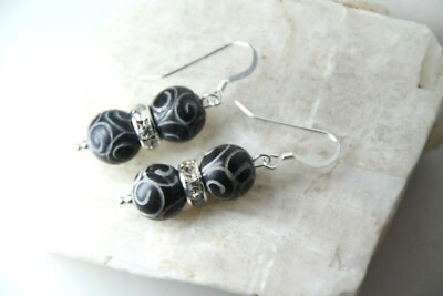 Jade 10mm Black Ball Gemstone & Rhinestone .925 Sterling Silver Earrings 1 1/2''