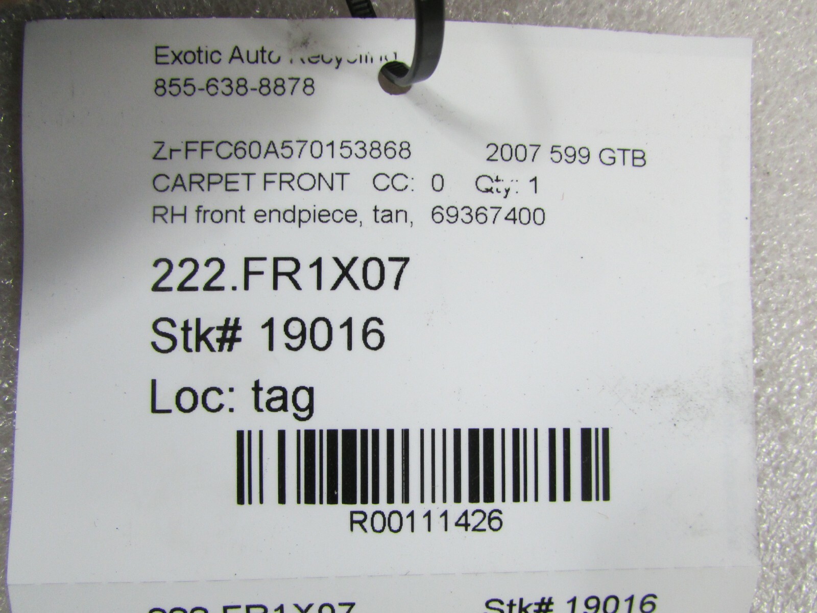 Ferrari 599 GTB, RH, Right Front Carpet Endpiece, Tan, Used, P/N 69367400