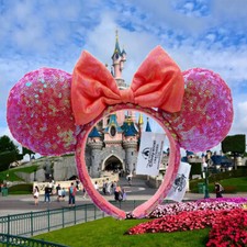 US Exclusive Disneyland Minnie Ears Orange Red Bow Disney Parks Sequins Headband