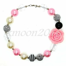 Fashion Women Pretty Pink Flowers Chunky Gumball Beads Kids Bubblegum Necklace