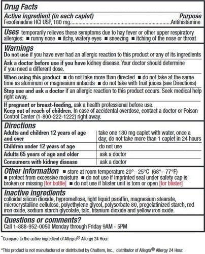 Fexofenadine Hydrochloride 180mg - Non-Drowsy 24-Hour Allergy Relief, 90 Caplets - Picture 7 of 10