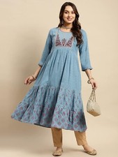 Indian Anarkali ; Women Light Blue Embroidered Pure Cotton Anarkali Flared Kurta