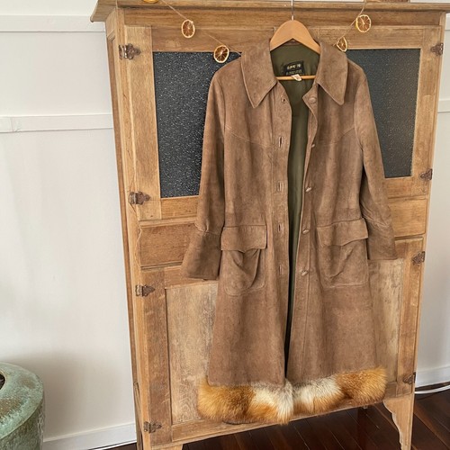 1970's Coat Vintage Suede & Fur Knee Length Belted Winter Jacket Gepetto - Picture 2 of 11