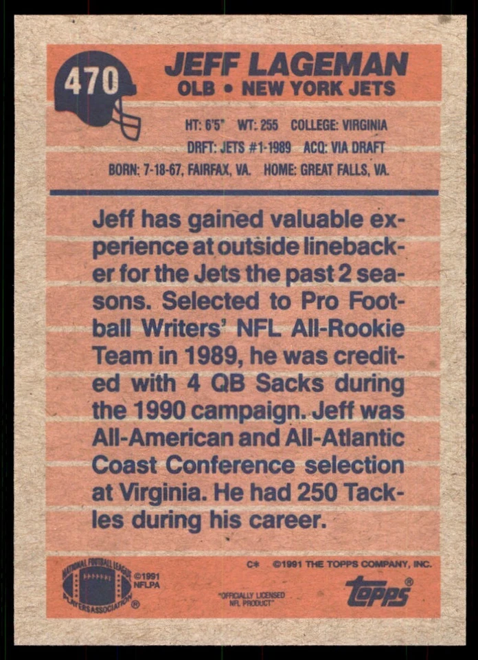 1991 Topps Jeff Lageman New York Jets #470 - Image 2 of 2