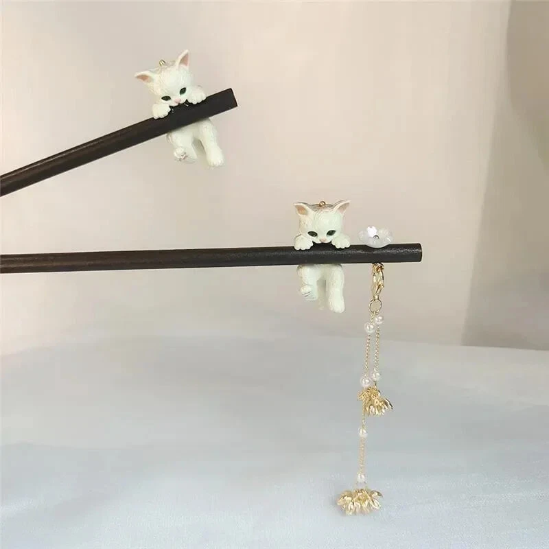 Black Ebony Wooden Hair Sticks Chinese Style Cat Pendant Hairpin Hanfu Qipao - Image 4 of 4