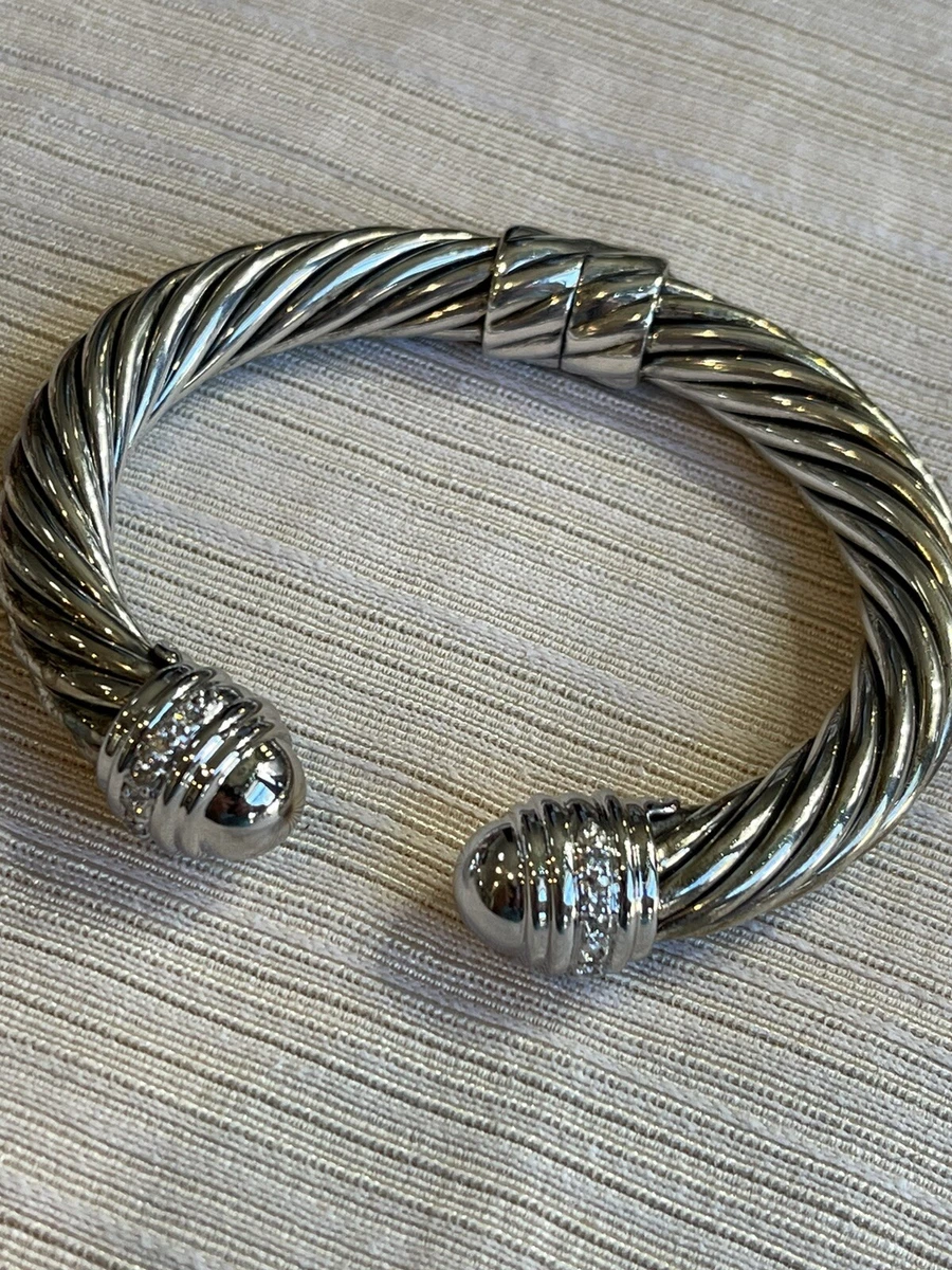David Yurman Sterling Silver Dome With Diamonds 9mm Hinged Cable Cuff Bracelet