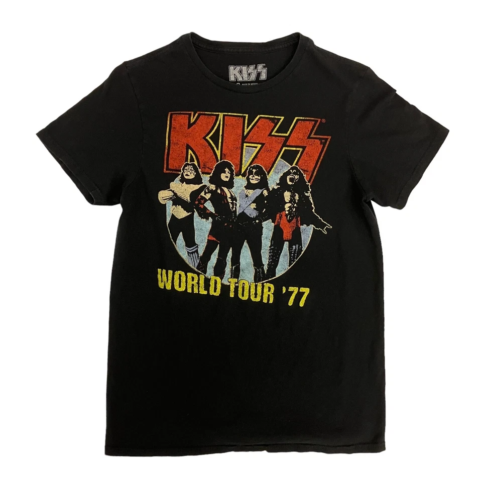 KISS T-Shirt World Tour '77 Black Mens S Cotton Short Sleeve Music Rock Band