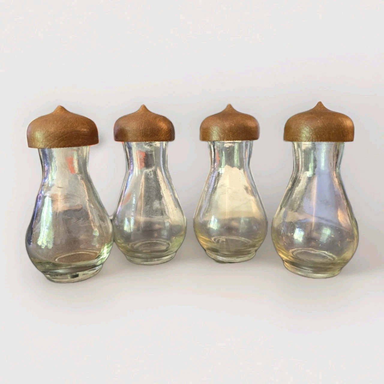 Set (4) Mushroom Acorn Shape Hanging Spice Jar Bottles 1970s MCM 4" tall Vintage
