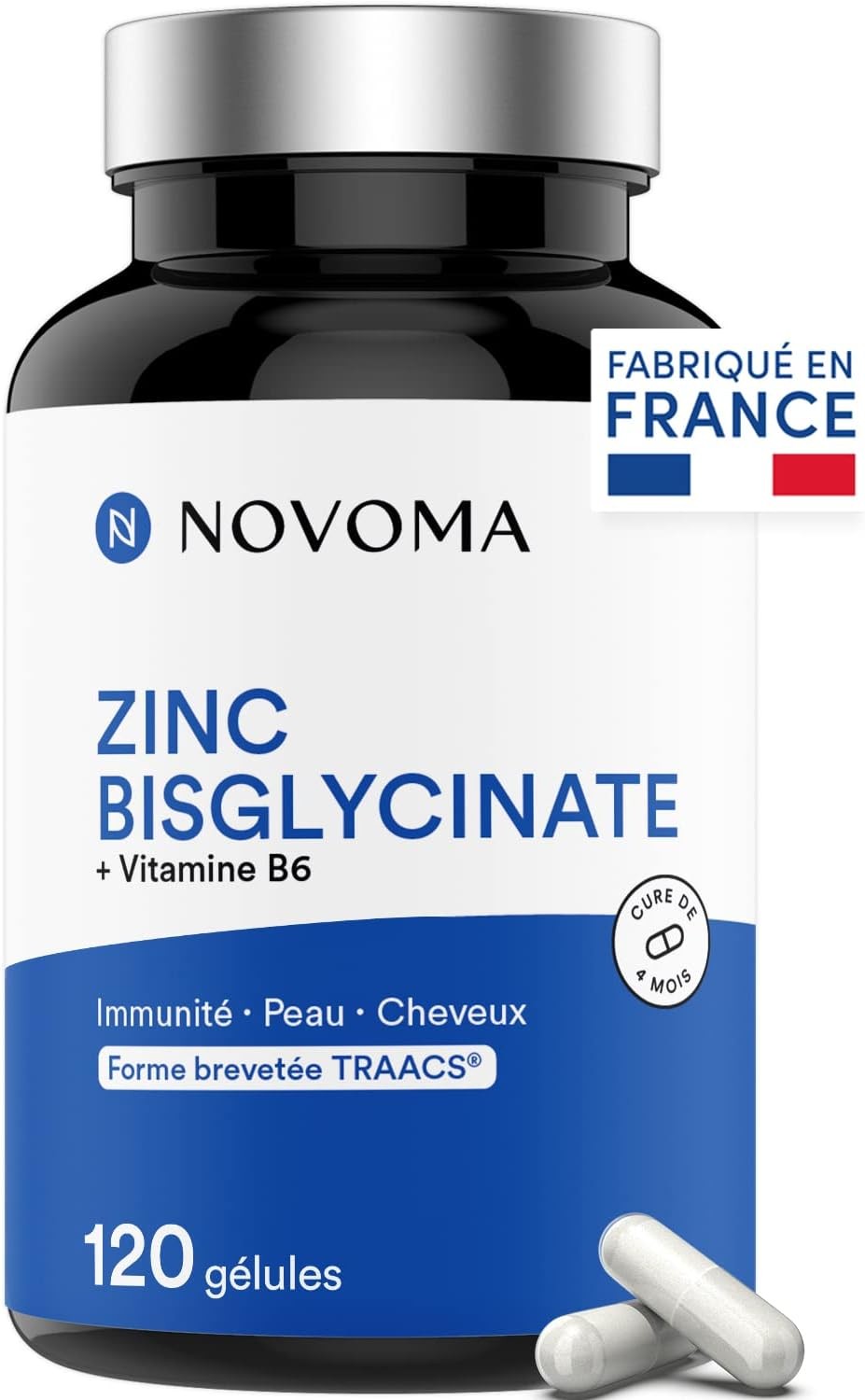 Zinc Bisglycinate 15 mg TRAACS® Novoma Haute Biodisponibilité avec Vitamine B6 pour Peau et Immunité